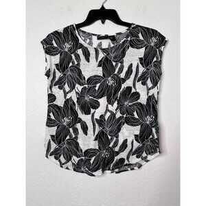 Tahari Women's 100% Linen Floral Short Sleeve Top Tee Black Floral Size M